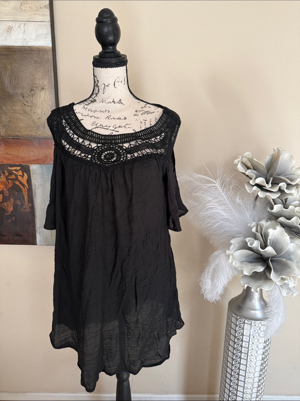 Catalina Black Crochet Yoke Tunic